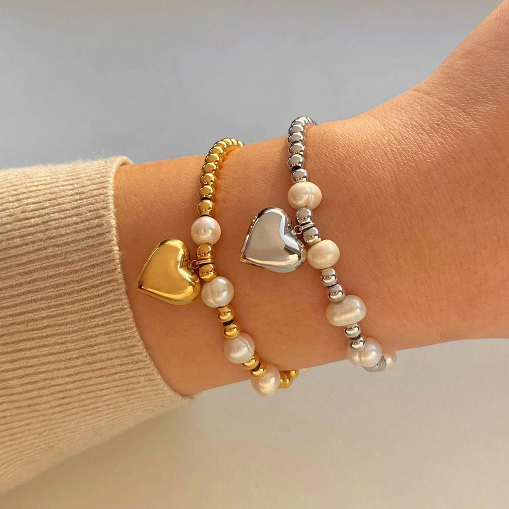 AURA - 18k Gold-Plated Spheres & Pearls Bracelet with Heart Charm | Elegant & Hypoallergenic Jewelry - Enkanta