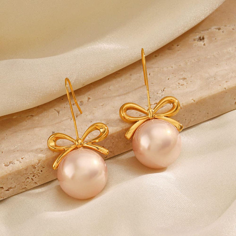 ELLIE- 18k Gold-Plated Bow & Pearl Earrings | Elegant & Feminine Hypoallergenic Jewelry - Enkanta