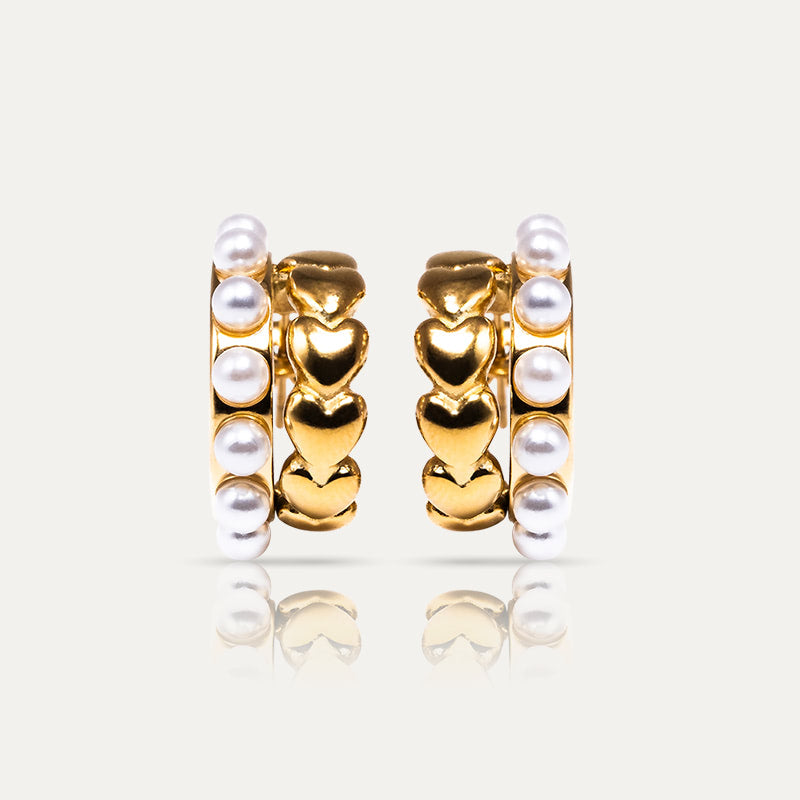 ALICE - Double Huggie Hoops with Hearts & Pearls - Trendy 18K Gold Earrings. - Enkanta
