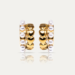 ALICE - Double Huggie Hoops with Hearts & Pearls - Trendy 18K Gold Earrings. - Enkanta