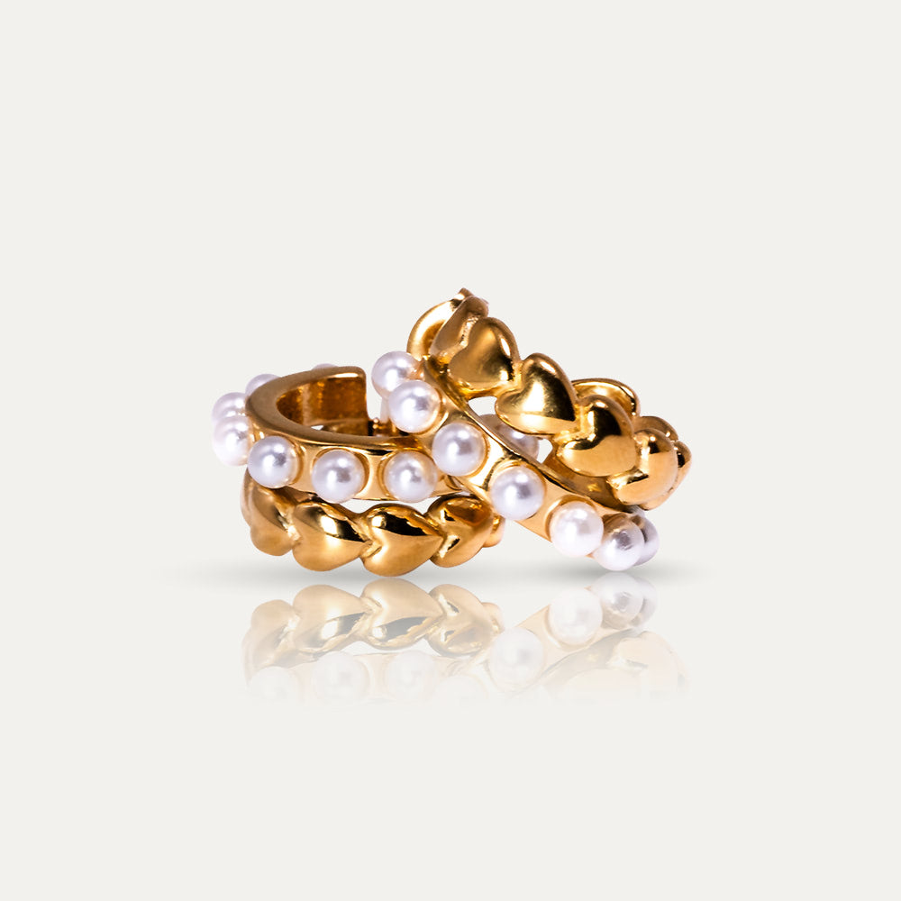 ALICE - Double Huggie Hoops with Hearts & Pearls - Trendy 18K Gold Earrings. - Enkanta