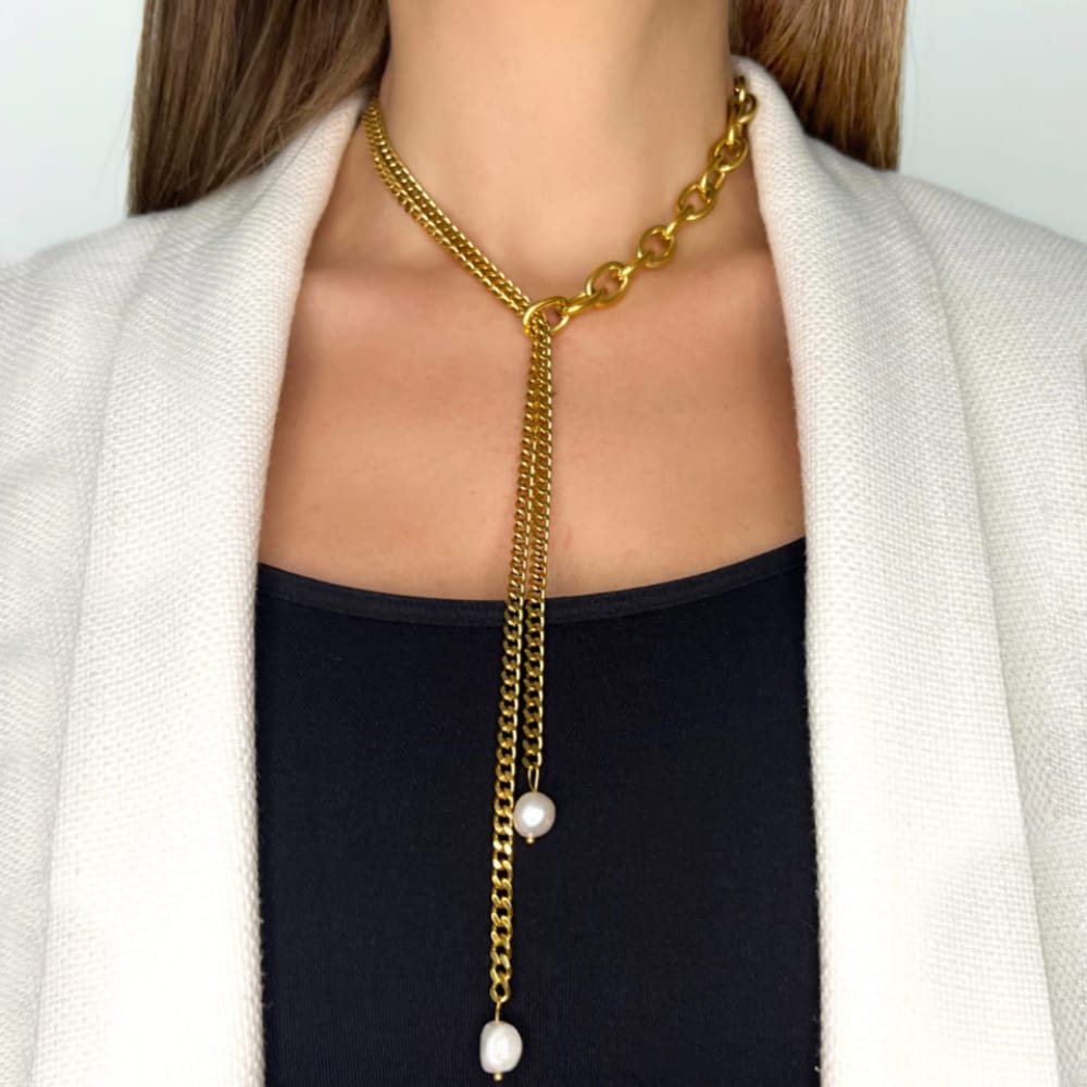JACKIE - 18k Gold-Plated Chunky Chain & Pearl Necklace | Bold & Feminine Statement Jewelry - Enkanta